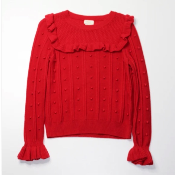 kate spade Sweaters - Kate Spade Red Wool Blend Ruffled Yoke Pom Pom Embellished Sweater